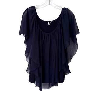 Wms L Black Sheer Chiffon Layered Flowy Top Capelet Sleeves Witchy Whimsigoth
